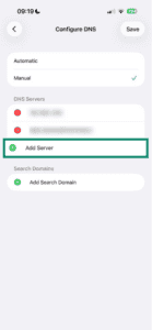 iOS Wi-Fi settings showing Configure DNS and Add Server option highlighted.