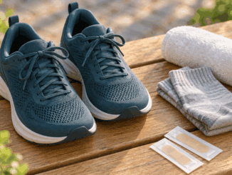 Dunkle Sportschuhe, graue Socken, Handtuch und zwei Pflaster auf einer Holzbank; KI-generiertes Symbolbild.
