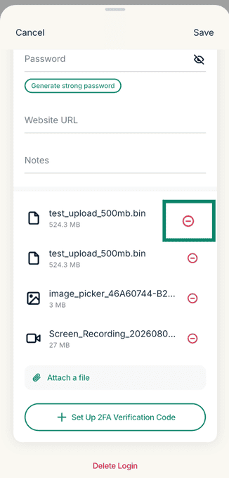 ExpressKeys vault showing minus icon highlighted next to an attachment on a vault item.