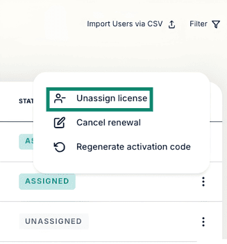 ExpressVPN for Teams admin dashboard, showing a highlighted "Unassing license" option for a user.