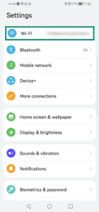 Settings screen on Android with the Wi-Fi option highlighted