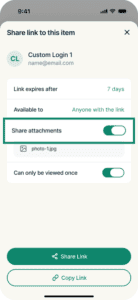 The "Share attachments" option toggled on in the "Share link to this items" window in ExpressKeys.