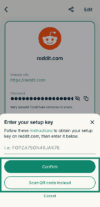 The "Enter your setup key" pop-up in ExpressKeys for an existing item, with a highlighted "Confirm" and "Scan QR code instead" button.