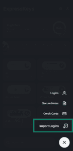 ExpressKeys "add" options menu with the "Import Logins" option highlighted by a green border.