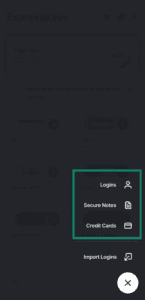 The Logins, Secure Notes, and Credit Cards option in the ExpressKeys app highlighted.