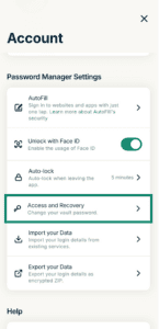 The Account settings in ExpressKeys, with the "Access and Recovery" option highlighted.