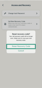 The "Reset recovery code" pop-up in ExpressKeys, with a highlighted "Reset Recovery Code" option.