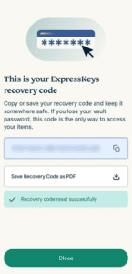The "This is your ExpressKeys recovery code screen in Expresskeys.