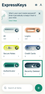 The "Recently Deleted" widget in ExpressKeys highlighted.