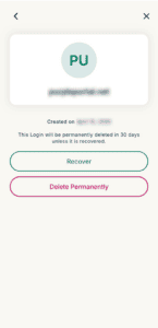 An item in the Recently Deleted tab in ExpressKeys, showing two options: "Recover" and "Delete Permanently."