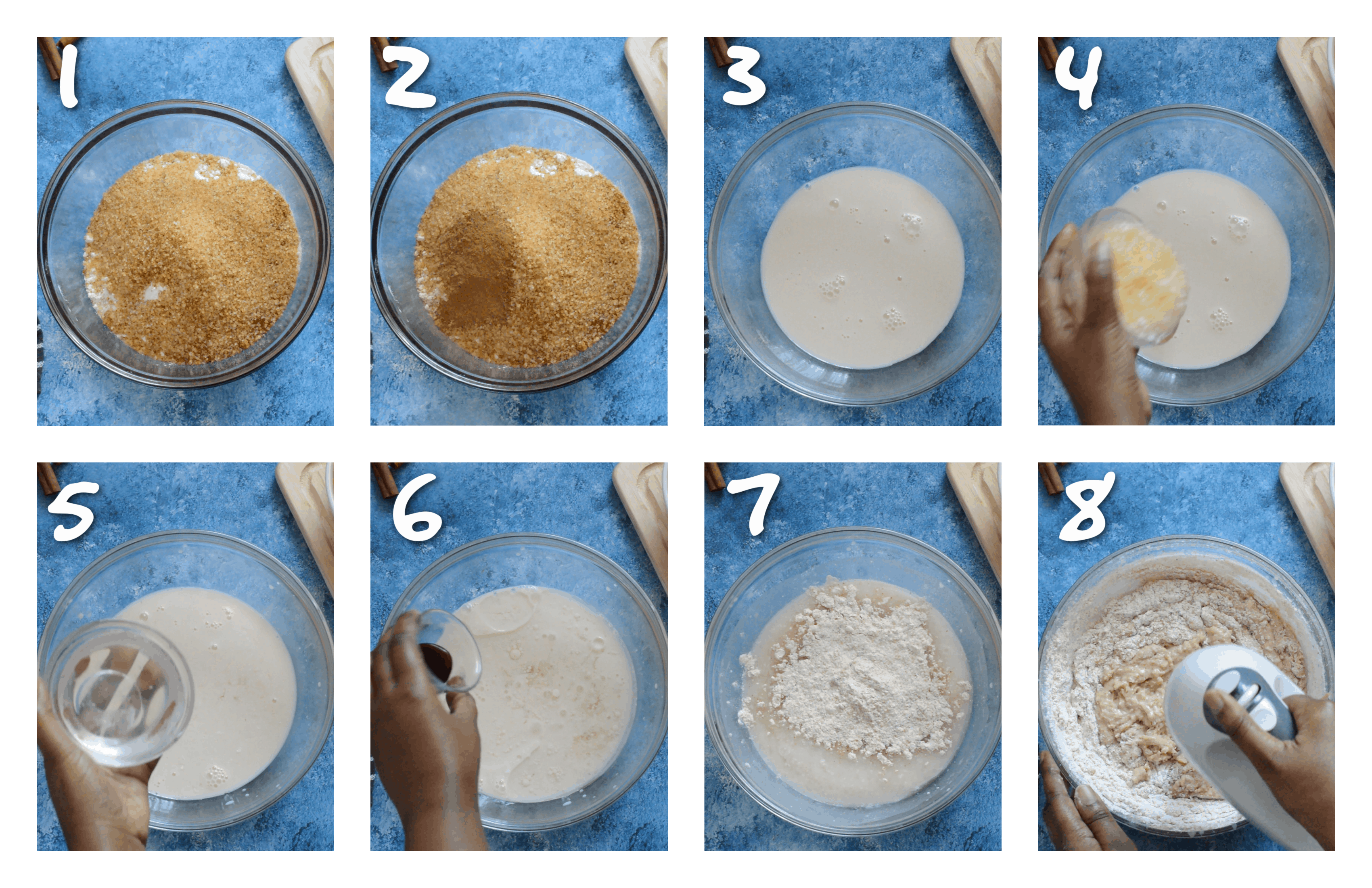 steps1-8 adding dry ingredients to wet