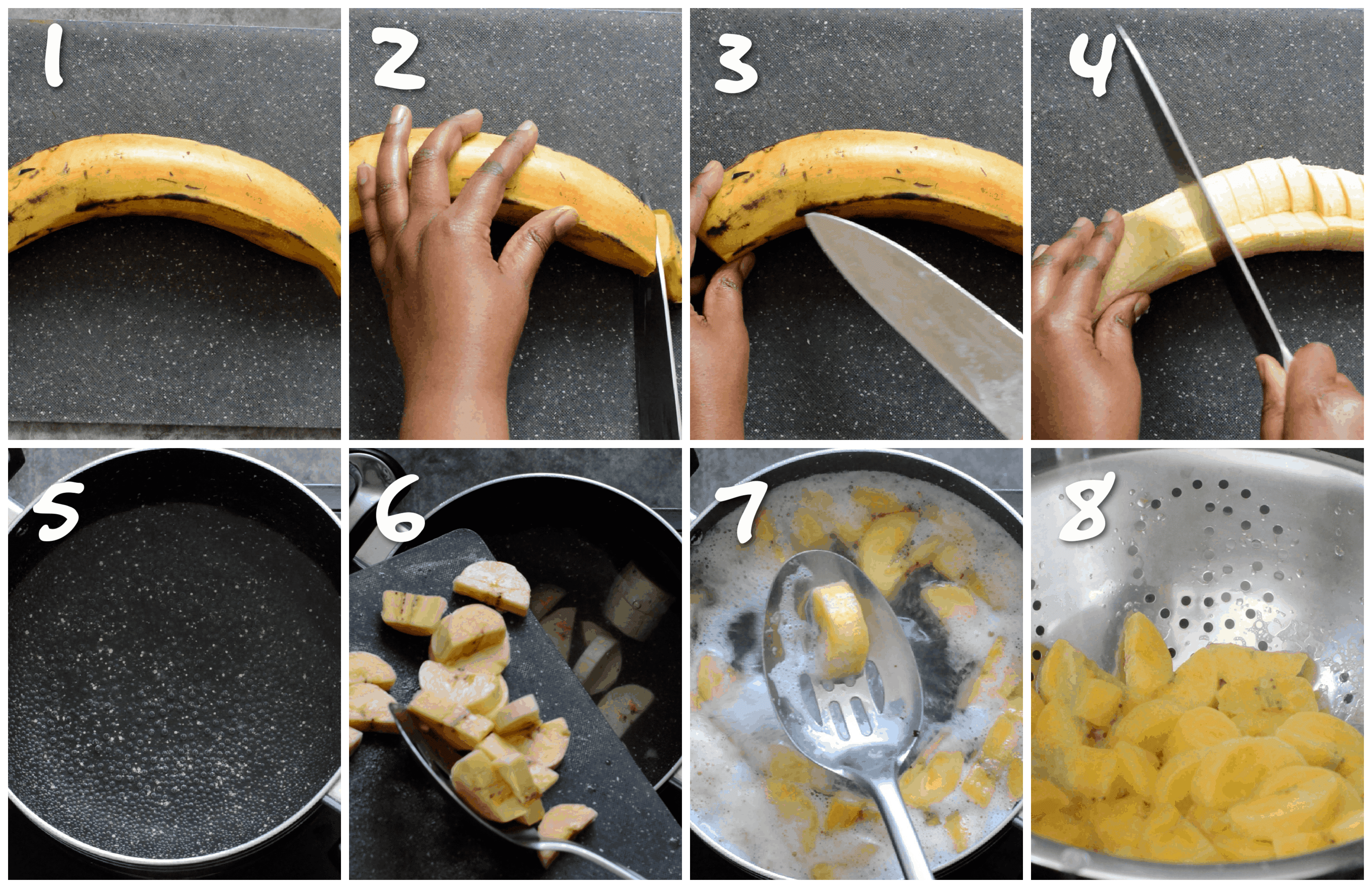 steps1-8 chopping the plantain and boiling it