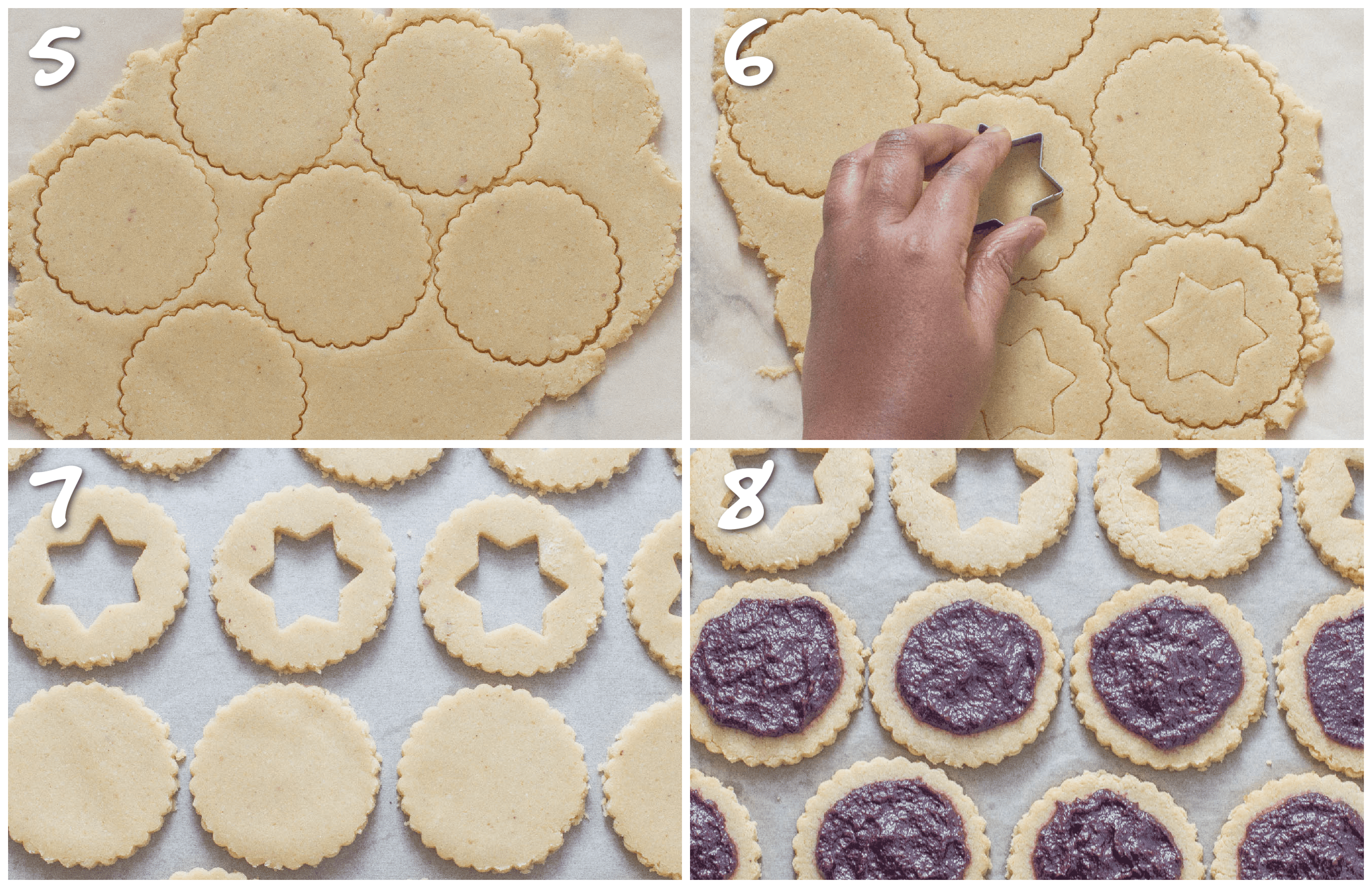 Steps 5-8 cutting out the cookies and spreading the jam