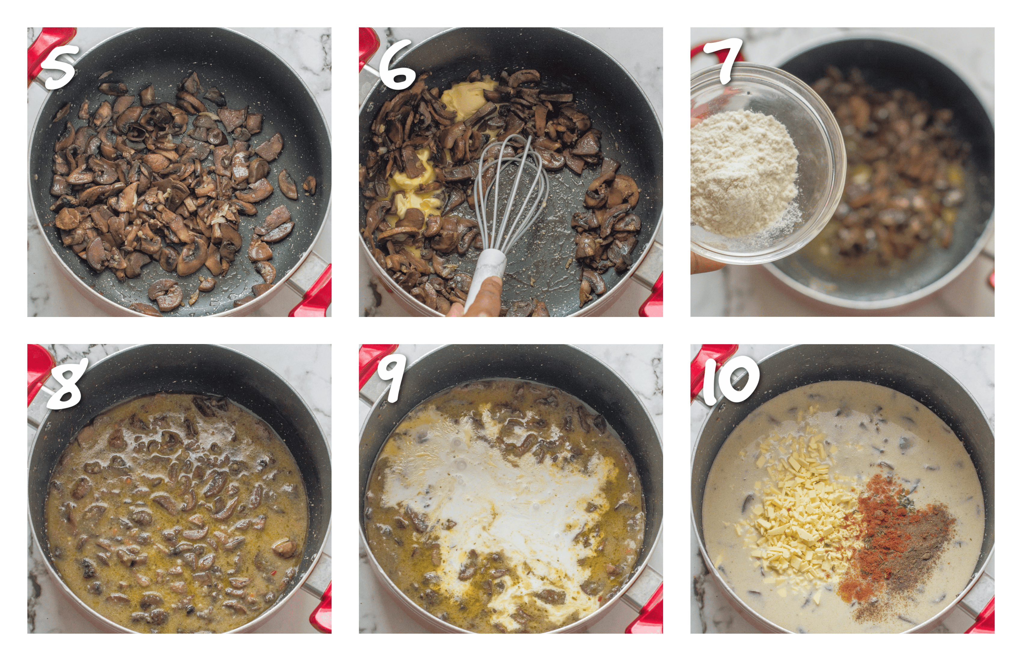 steps 5-10 sauteing the mushrooms and making the sauce