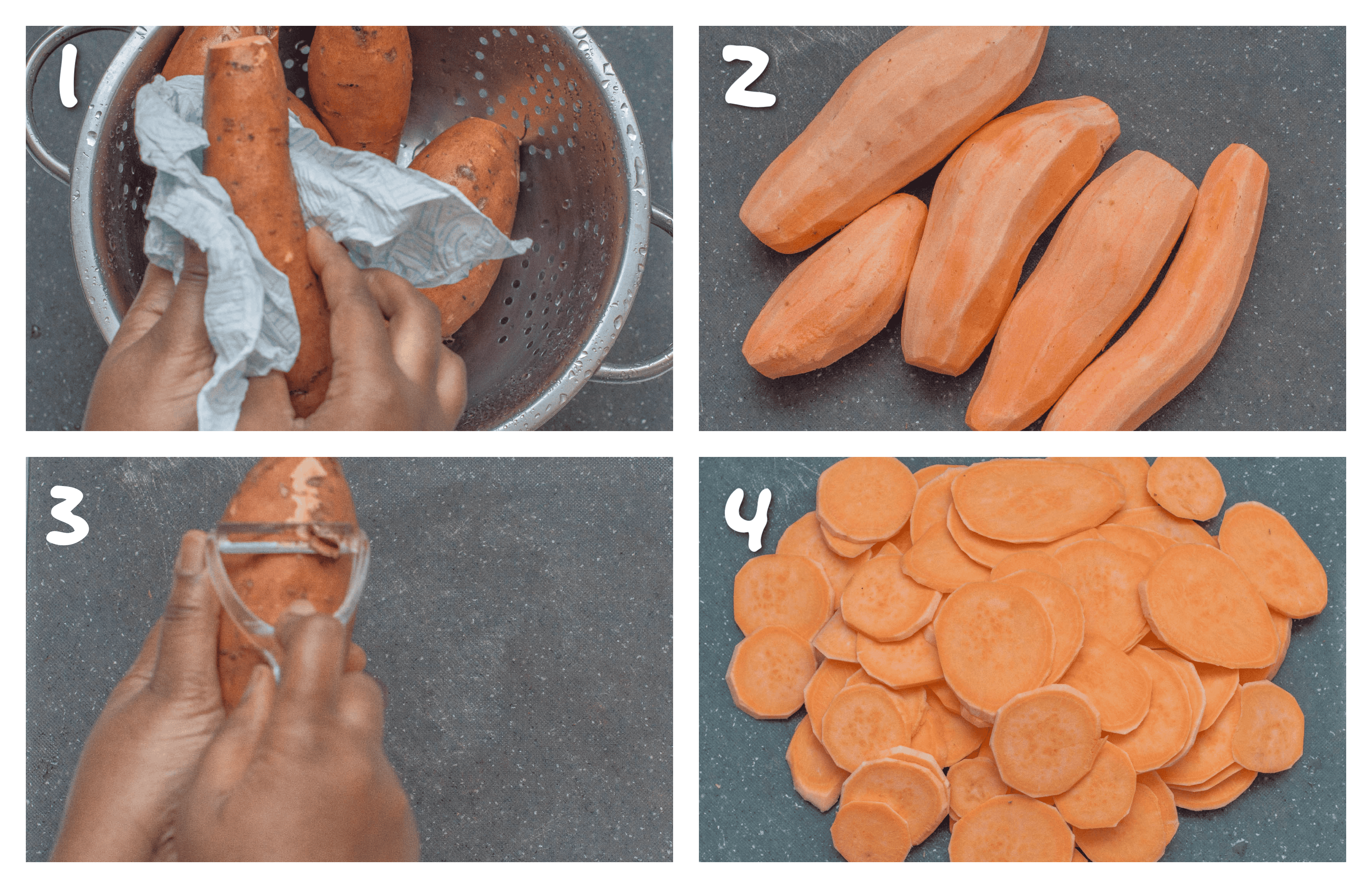 Steps 1-4 peeling the sweet potatoes and slicing them
