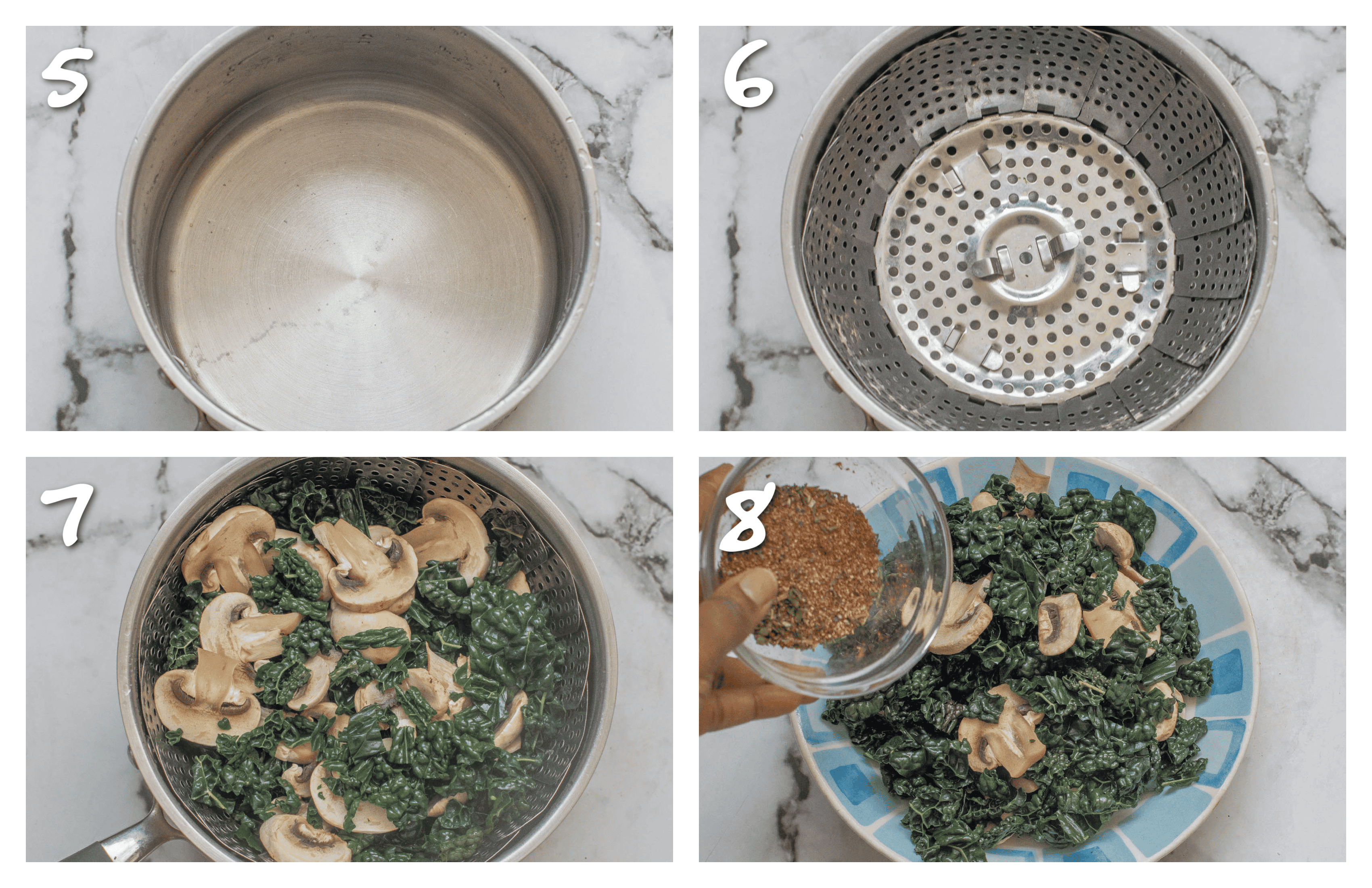 Steps 5-8 steaming the vegetables