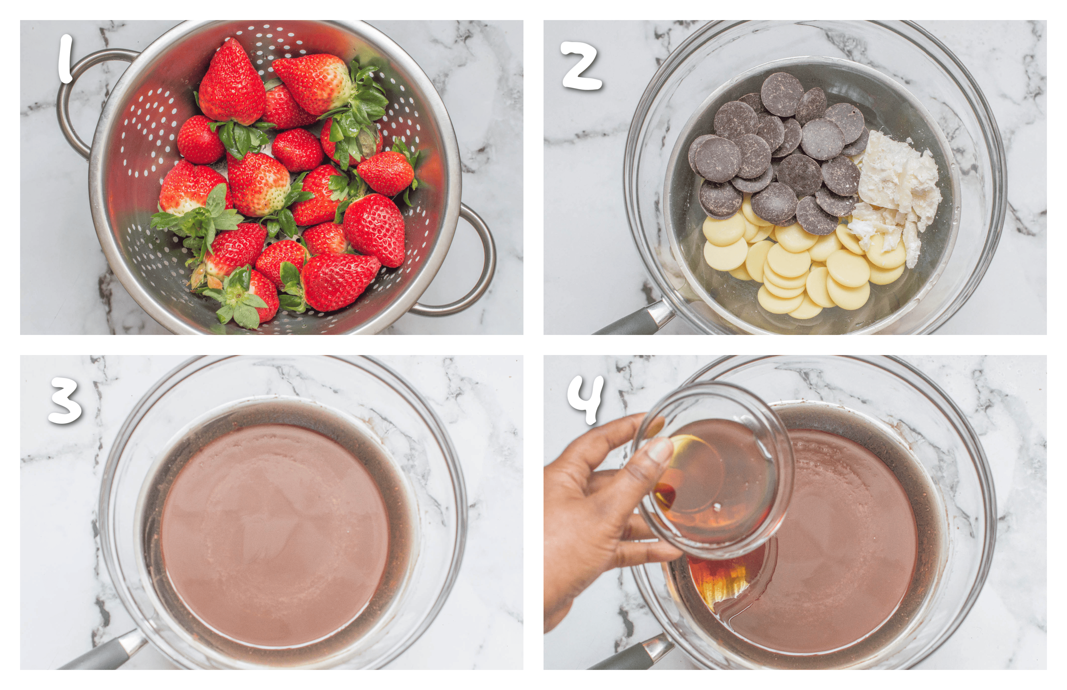 Steps 1-4 wash strawberries and melt chocolate