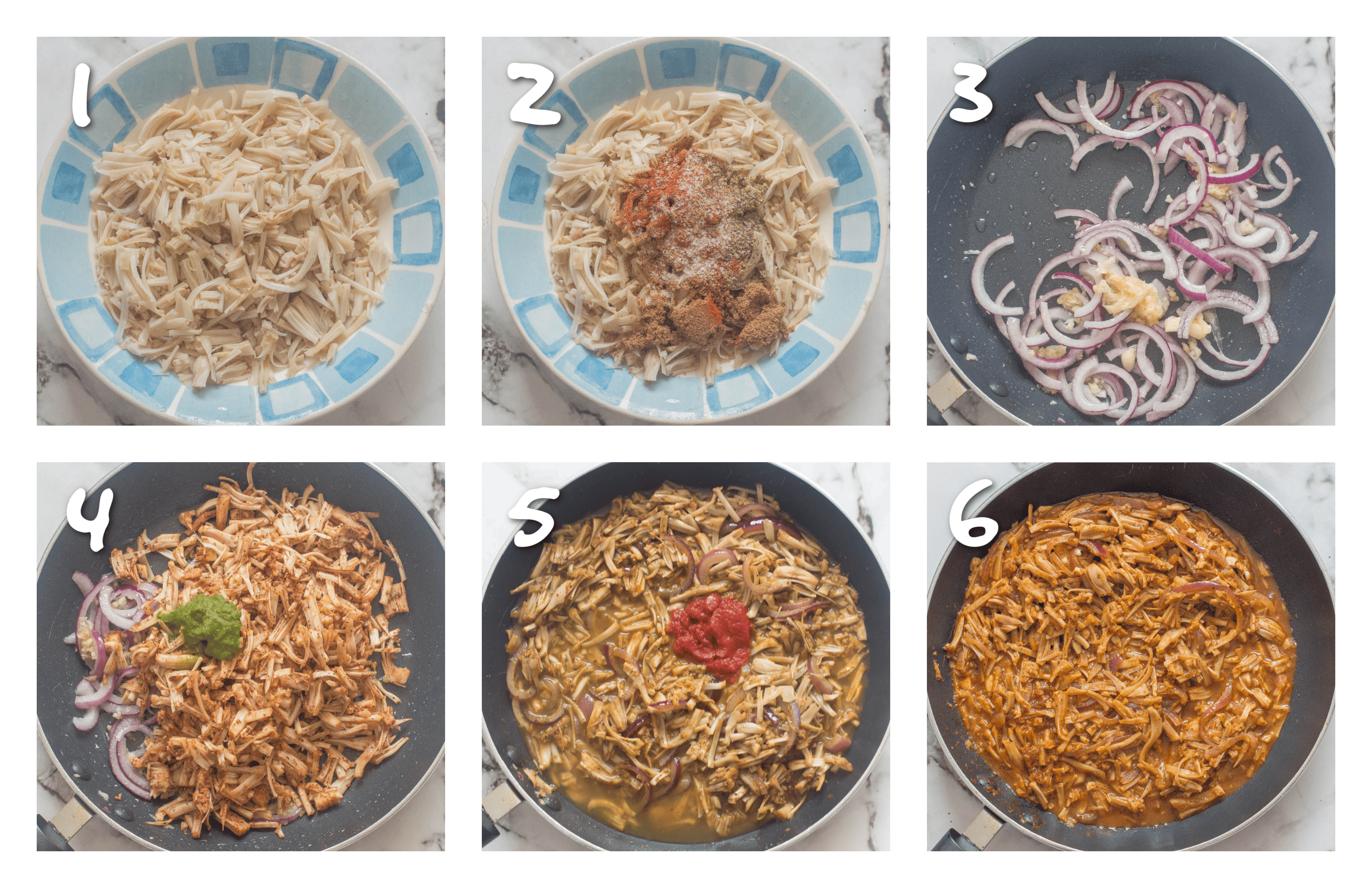 steps 1-6 seasoning and stewing the jackfruit