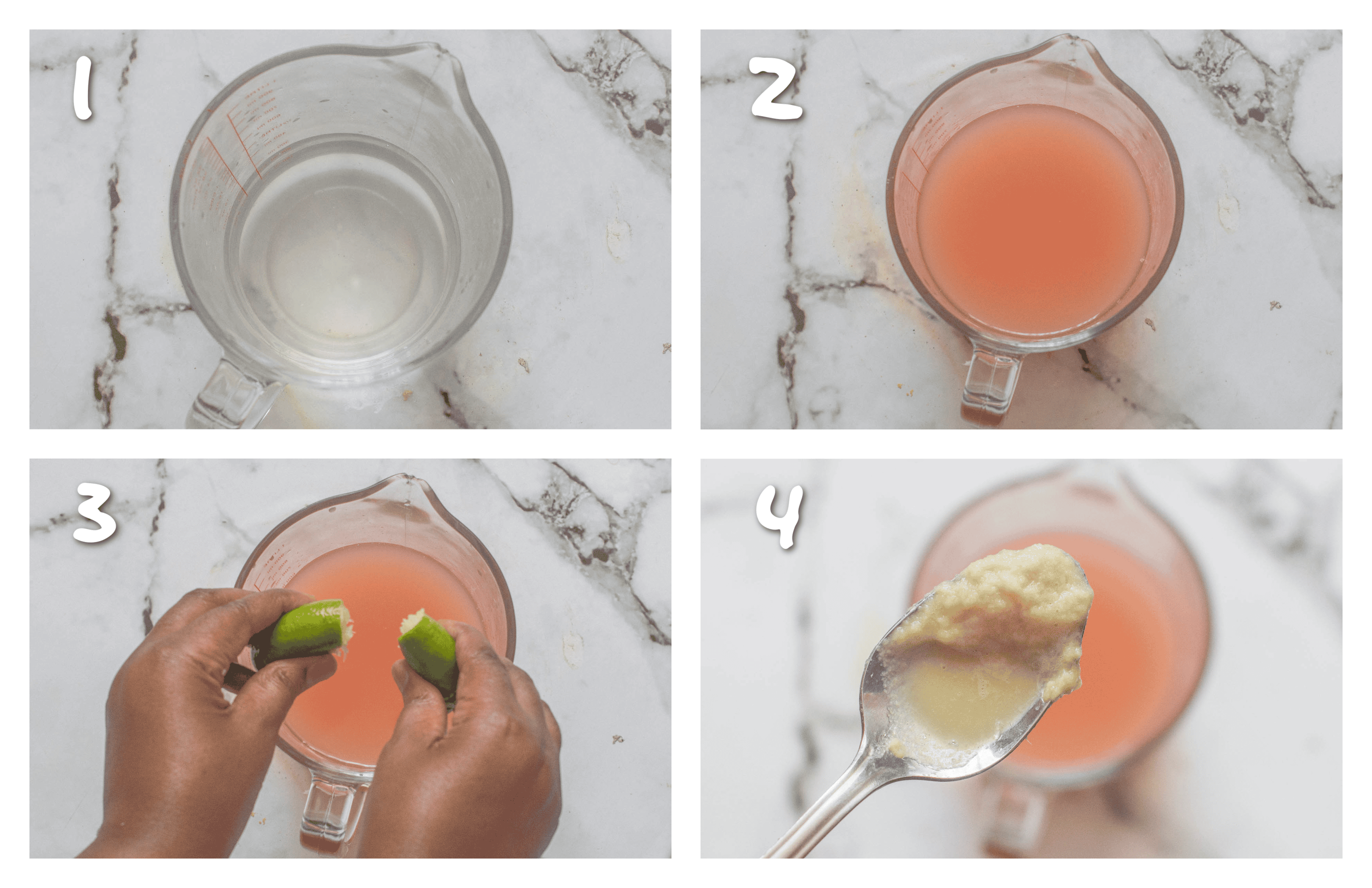 steps 1-4 making the guava juice with lime, ginger and coconut water