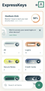Screenshot showing the ExpressKeys user interface on iOS with the Account option highlighted.