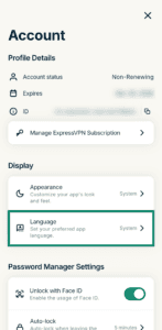 Screenshot showing the Account menu in ExpressKeys' iOS app with the Language option highlighted.