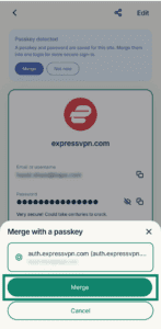 The "Merge with a passkey" pop-up in ExpressKeys for an existing login item, with a highlighted "Merge" button.