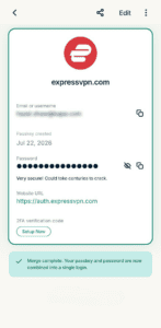 A login item in ExpressKeys, with a confirmation message at the bottom that the login has been merged with a passkey in ExpressKeys.