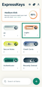 The main screen in ExpressKeys, with a highlighted "Logins" widget.