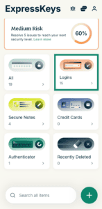 The main screen in ExpressKeys, with a highlighted "Logins" widget.