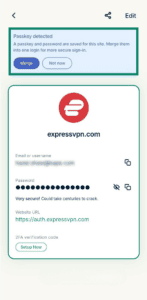 A login item in ExpressKeys, with a highlighted note at a top that a Passkey for this login has been detected in ExpressKeys.