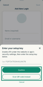 The "Enter your setup key" pop-up in ExpressKeys for a new login item, with highlighted "Confirm" and "Scan QR code instead" buttons.