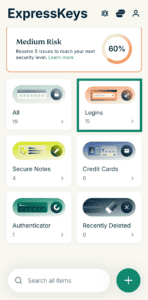 The main screen in ExpressKeys, with a highlighted "Logins" widget.