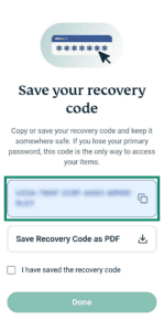 A screenshot of the ExpressAI recovery code screen. An arrow points to the Copy icon to the right of a censored out recovery code.