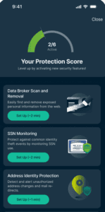 Identity Defender mobile app protection score screen for new users