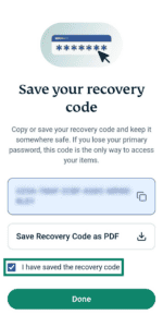 An arrow pointing to a checkout marked I have saved the recovery code. The box is checked.