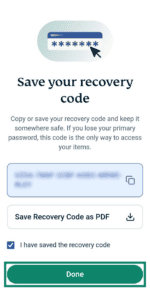 A screenshot of the ExpressAI recovery code screen on mobile. An arrow points to the green Done button at the bottom of the screen.