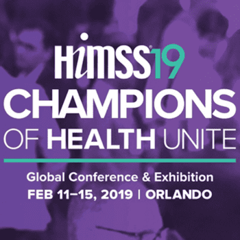 Title card for HIMSS 2019 Conference with purple, blue, and white text