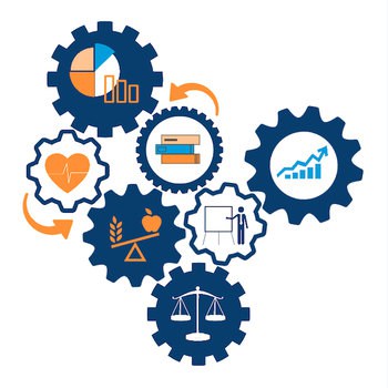 A series of illustrated, intertwined gears to depict how How our online, interprofessional public policy course works