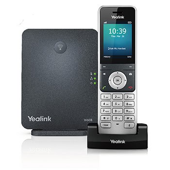 Yealink W60P base behind 56H model handset in charging dock