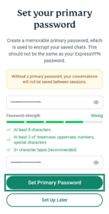 Screenshot of the ExpressAI set primary password screen on a mobile browser. An arrow points to the green Set Primary Password button at the bottom of the screen.