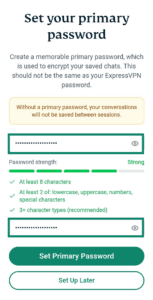 A screenshot of the ExpressAI primary password setup screen on a mobile browser. Two arrows point to the Primray Password and Re-enter Primary Password text fields.