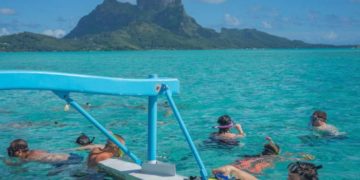 Snorkeling in crystal clear blue water off of bora bora