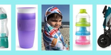 5 products, bottle, sippy cup, towel,snack tower and folded stroller-- that are handy for travel with babies and toddlers.