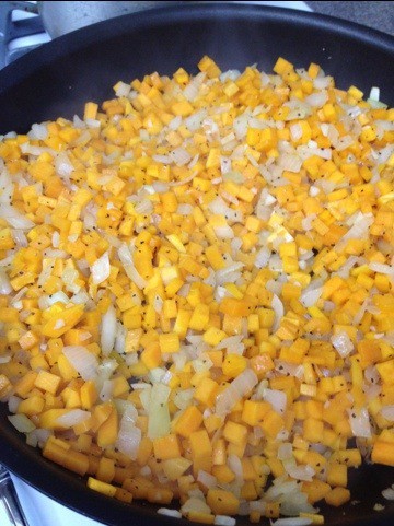 Butternut Squash Diced with Onions in Skillet (image)