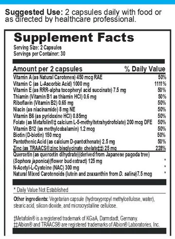 Vita-Immune Sufficiency 60 capsules nutrition label