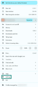 Google Chrome main menu, showing a highlighted "Settings" menu item.