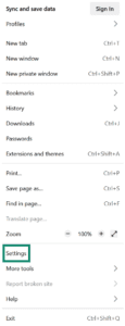 Firefox main menu, showing a highlighted "Settings" menu item.
