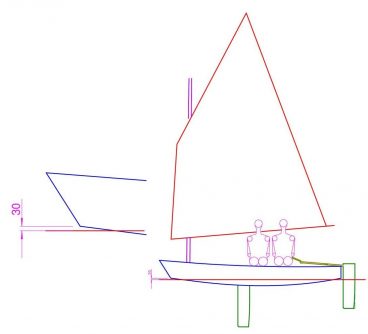 Correct light wind sitting position on Oz Goose sailing dinghy side view