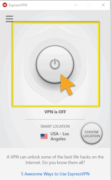 ExpressVPN home screen with ON Button highlighted.