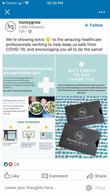 Honeygrow LinkedIn gift card promotion.